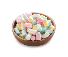 Wooden bowl with marshmallows on white background