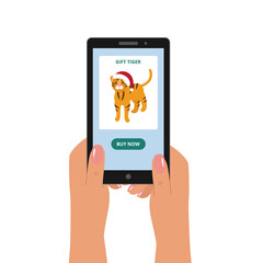 Online shopping for Christmas and New Year gifts. Women's hands are holding a smartphone. There is a tiger toy on the screen. Vector flat illustration.
