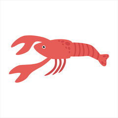 A river crab, a cute red color with claws and a tail, a marine inhabitant. Vector illustration isolated on a white background.