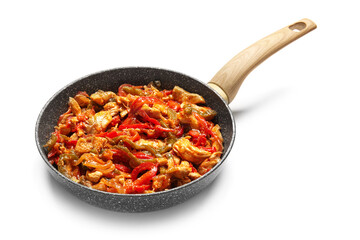 Frying pan with delicious chicken Fajita on white background