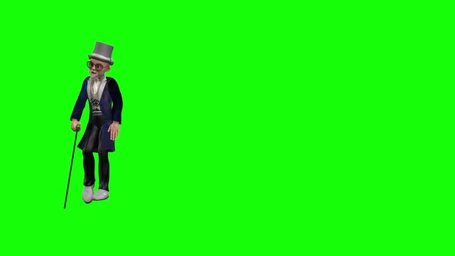 3d animation of an old avatar man wearing a top hat walks slowly around supported with his walking stick.