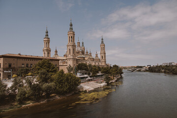 beautiful landscape Nuestra Señora del Pilar Cathedral Basilica view from the Ebro River i