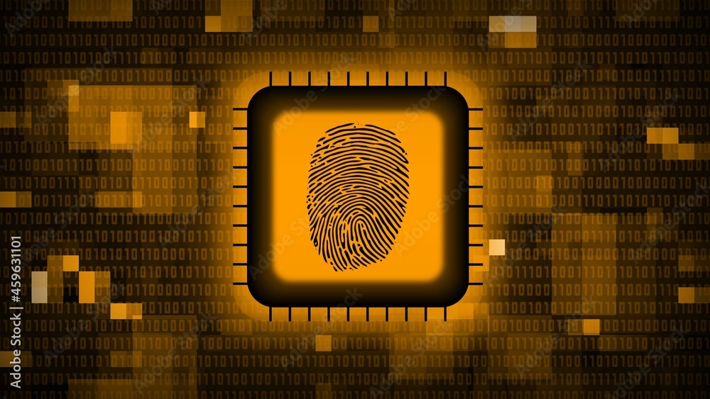 Poster fingerprint logo on chip sensor - abstract background in orange of blurred binary code - security sc