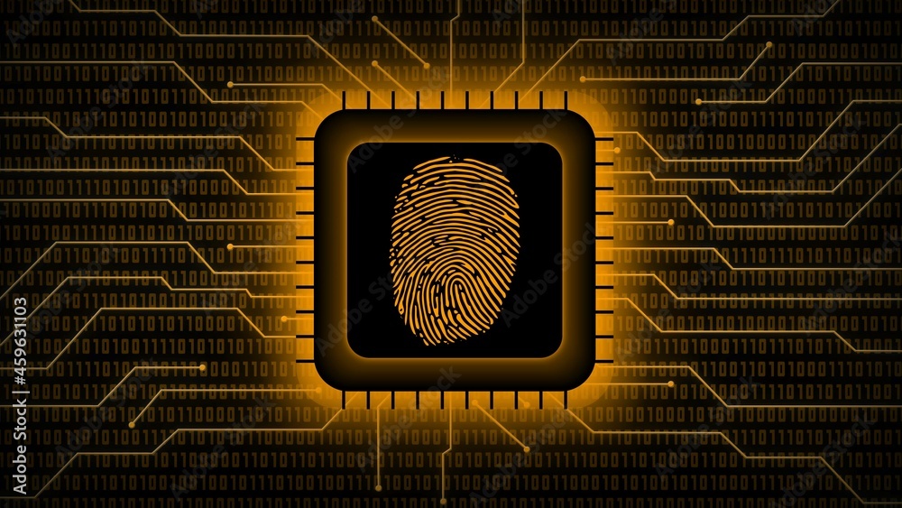 Poster fingerprint logo on chip sensor - abstract background in orange of blurred binary code behind inform