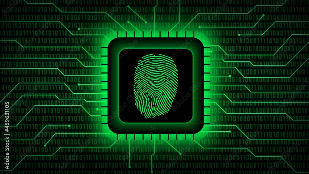 Poster fingerprint logo on chip sensor - abstract background in green of blurred binary code behind informa
