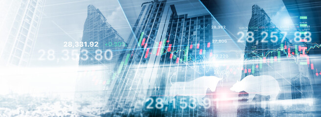 Business and financial stock market, Economic graph with diagrams, Business investment and stock trading, Bull and bear shapes on city background.