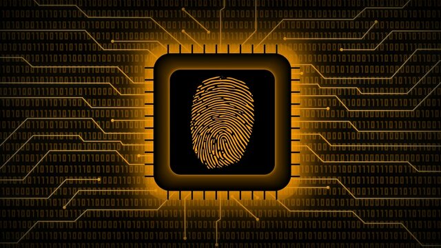 Fingerprint logo on chip sensor - abstract background in orange of blurred binary code behind information connecting lines - security scanning identification concept by biometric authorization