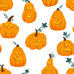 Halloween scary pumpkin with smile, happy face seamless pattern. Orange squash Jack-o'-lantern (carved pumpkin) background. Cartoon vector texture.