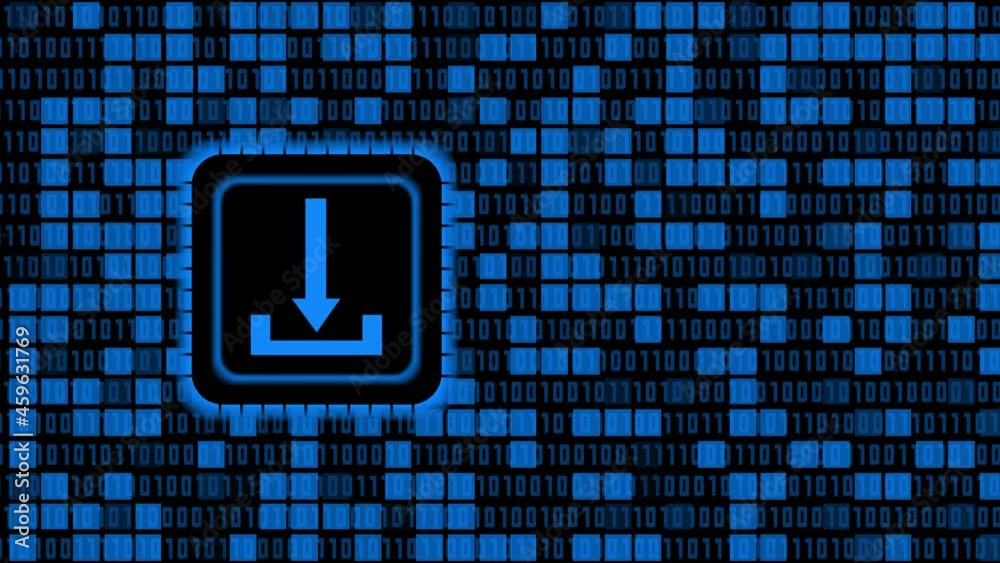 Poster DOWNLOAD symbol in motion on chip sensor - binary code background in mosaic arrangement divided with randomly brighted square elements - data storage business technology network concept - endless loop