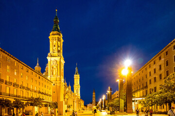 historic cathedral and Zaragoza square at night and summer evening