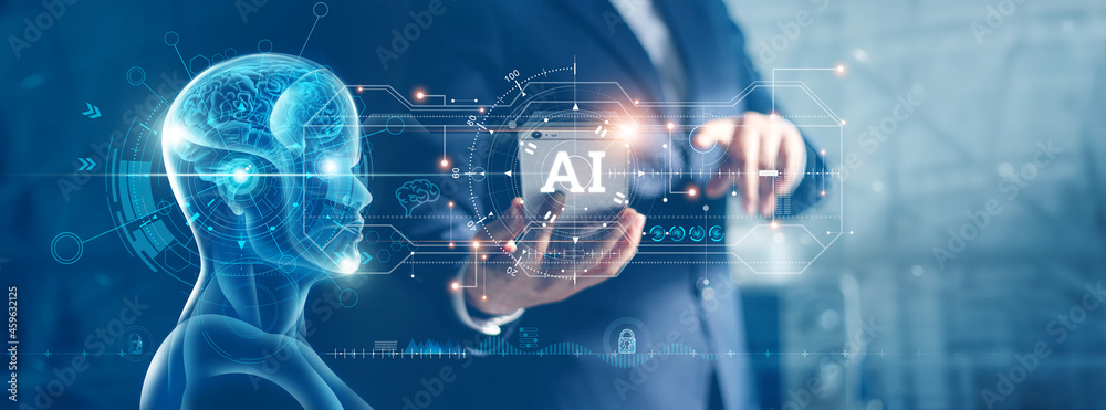 Poster Artificial Intelligence and machine learning, AI, Businessman use data of robots on smartphone to control business network connection and data exchange, Technology innovation for the future