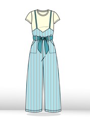 jumpsuit with stripe print. jumpsuit  fashion flat sketch template