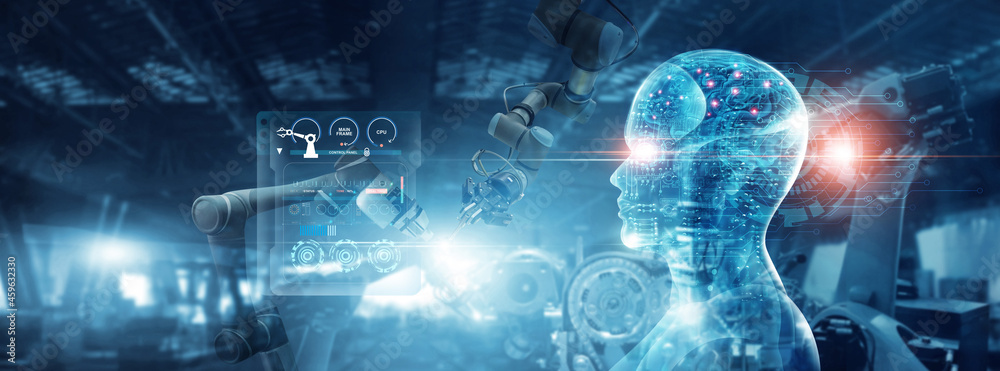 Leinwandbilder Futuristic Artificial intelligence. Robot engineer control automation robot arms machine in factory industrial. Monitoring data and machine learning. Robotics and digital manufacturing operation.