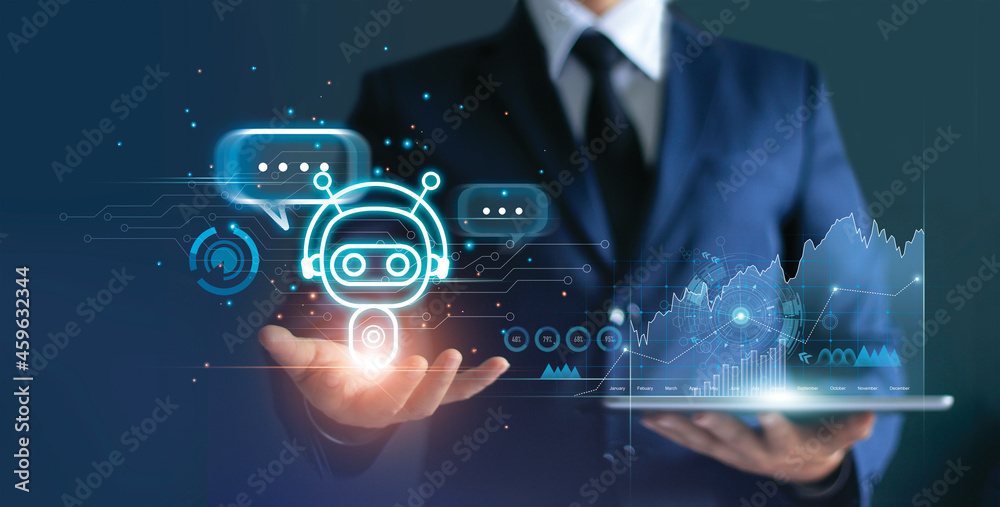 Poster .Businessman holding digital chatbot are assistant conversation for provide access to data growth of business in online network, Robot application and global connection, AI, Artificial intelligence.