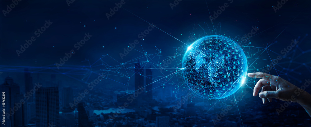 Poster Businessman touching customer global structure networking and data exchanges connection, Digital marketing, Social Media, Communication network, Internet business and social network.