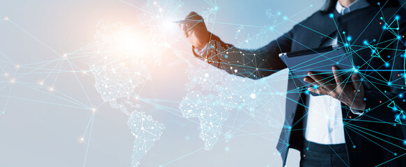 Business woman drawing global structure networking and data exchanges customer connection. Expanding customer base and progress for business. Business strategy and planning.