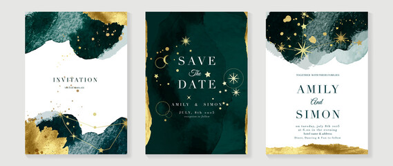 Star and moon themed wedding invitation vector template collection. Gold and luxury save the dated card with watercolor and gold sparkles and brush texture. Starry night cover design background.