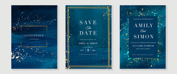 Star and moon themed wedding invitation vector template collection. Gold and luxury save the dated card with watercolor and gold sparkles and brush texture. Starry night cover design background. - obrazy, fototapety, plakaty