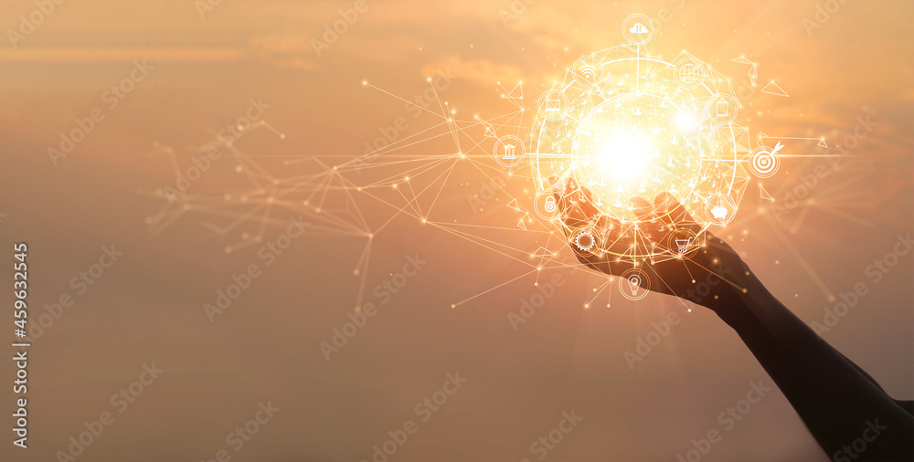 Poster businessman holding global network and connecting data of customers with business on the internet, b