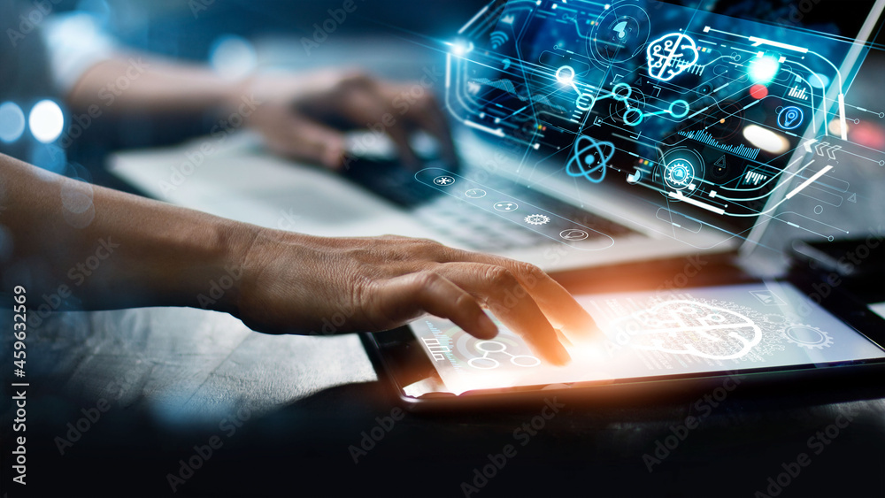 Aufkleber Data scientists. Programmer using laptop and tablet analyzing and development at various information on futuristic virtual interface screen. Algorithm. marketing and  artificial intelligence