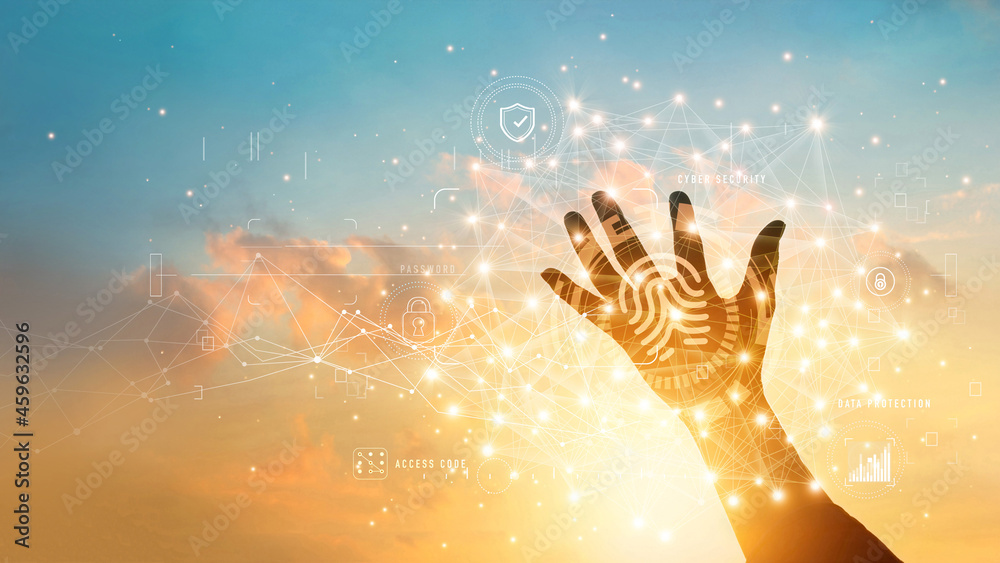 Aufkleber Hand with fingerprint identification to access personal business data. Idea for E-kyc (electronic know your customer). Biometrics security. Technology intelligent safety and cyber secure data exchange