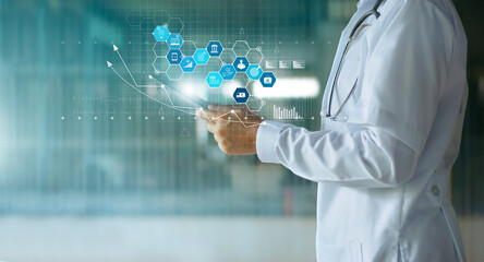 .Medical examination and health insurance business via virtual interface technology.Doctor with...