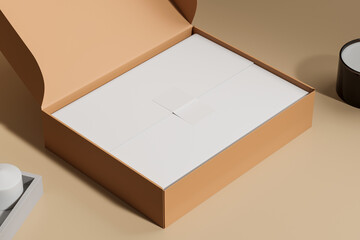 Opened cardboard box with white wrapping paper inside. The idea of placing an order or a gift. Mock Up. 3d rendering. - obrazy, fototapety, plakaty