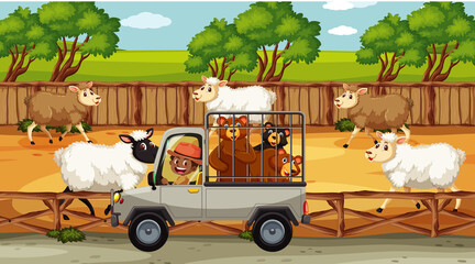 Safari scenes with many sheeps and kids cartoon character
