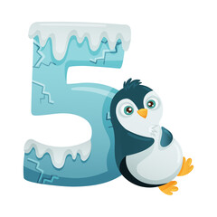 5 number and cute penguin baby animal. Educational numbers for children, home or kindergarten decor cartoon vector illustration