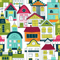 Fototapeta premium Old town at night - vector seamless pattern in scandinavian style. Repeating pattern for fabric, textile, wallpaper, posters, gift wrapping paper, napkins, tablecloths. Print for kids, children. 
