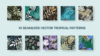 Vector seamless pattern with colorful tropical leaves, exotic twigs, abstract elements on a black background.