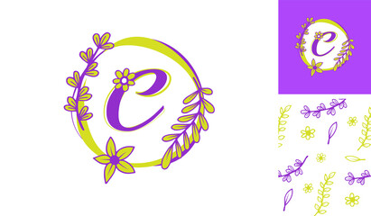 Beautiful Flower Logo using letter C with leafs, flowers and stem for Boutique, women, girl, lady, makeup, beauty brands with a pattern for branding designs
