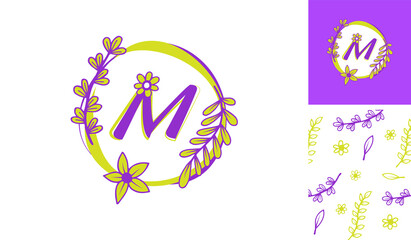 Beautiful Flower Logo using letter M with leafs, flowers and stem for Boutique, women, girl, lady, makeup, beauty brands with a pattern for branding designs