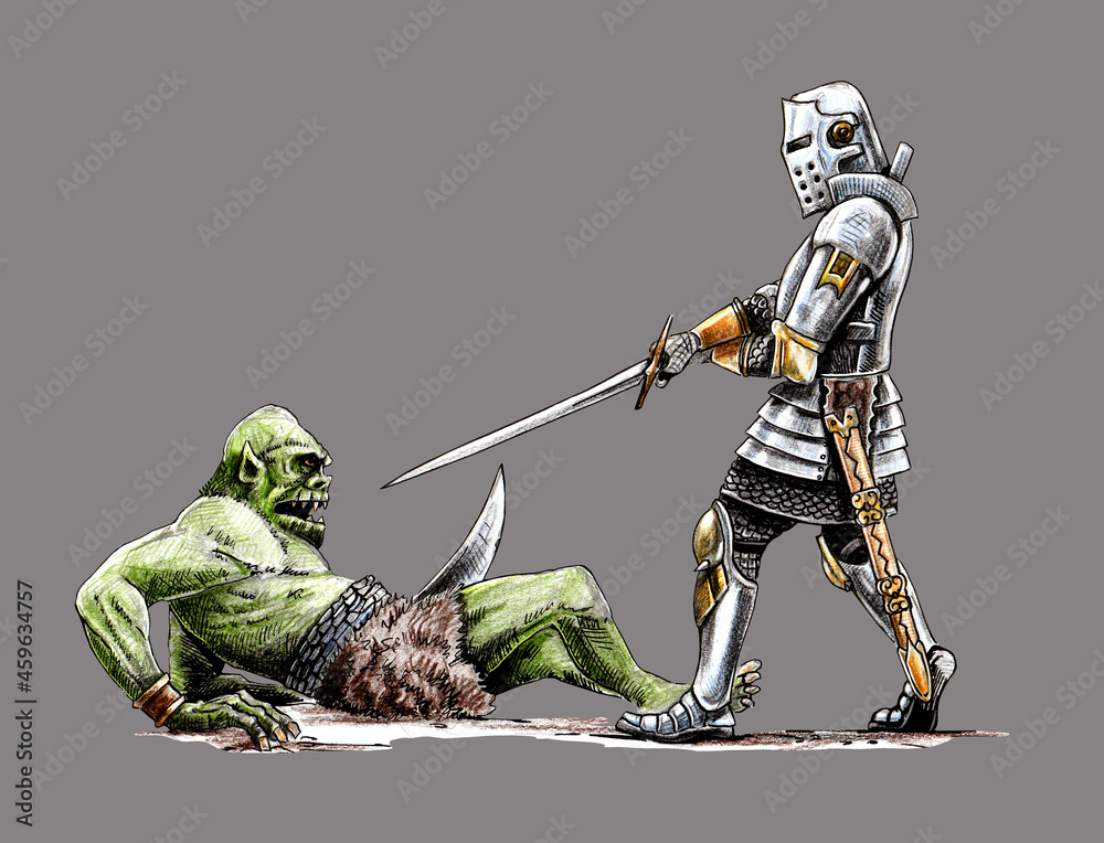Wall mural fight between ork and knight. evil against good. fantasy drawing. - Wall murals
