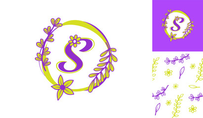 Beautiful Flower Logo using letter S with leafs, flowers and stem for Boutique, women, girl, lady, makeup, beauty brands with a pattern for branding designs
