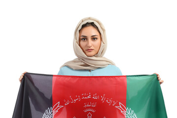 Muslim woman with flag of Afghanistan on white background