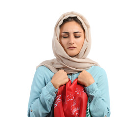 Muslim woman with flag of Afghanistan on white background