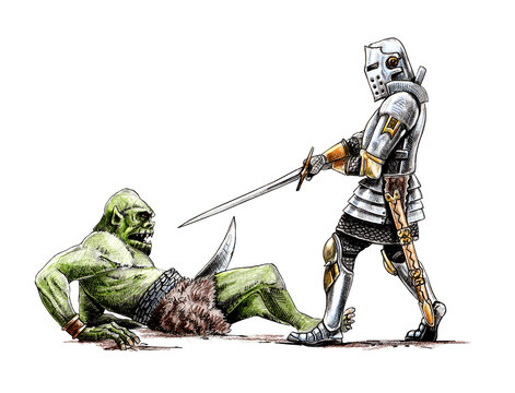 Fight between ork and knight. Evil against good. Fantasy drawing.