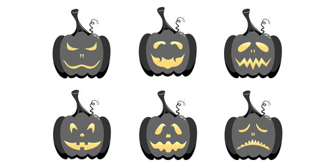 Set of dark pumpkins with different face emotions. Collection icons for halloween. Autumn holidays. Vector illustration.