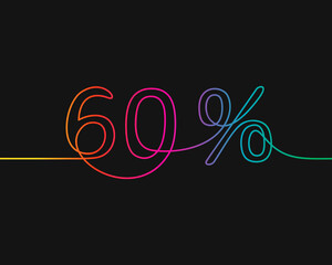 One line drawing of 60 percent discount, Rainbow colors on black background vector minimalistic linear illustration made of continuous line
