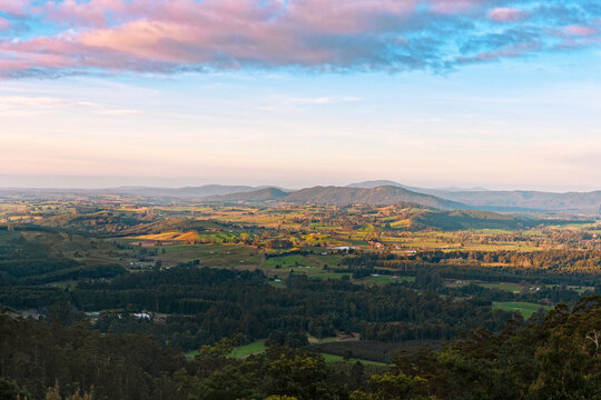 View over a valley in Tasmania from the Sidling Lookout over Scottsdale and other rural towns