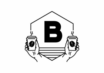 Hand holding a coffee cup line art with B initial letter