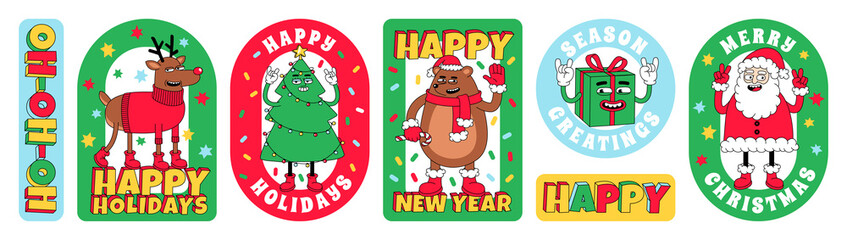 Obraz na płótnie Canvas Merry Christmas and Happy New year funny cartoon characters. Sticker pack, posters in trendy weird retro cartoon style.
