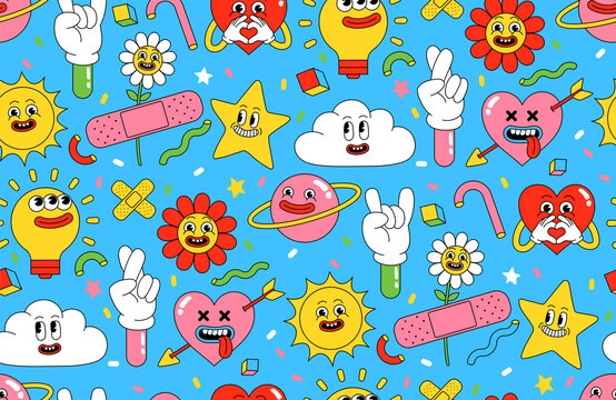 Naklejka Cartoon characters background. Seamless pattern with funny stickers and patches in trendy retro cartoon style.