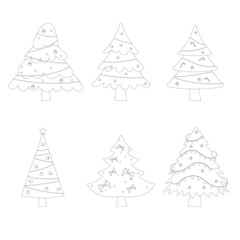 Set of christmas trees with tree ball and tree toy. Color book. Flat vector illustration