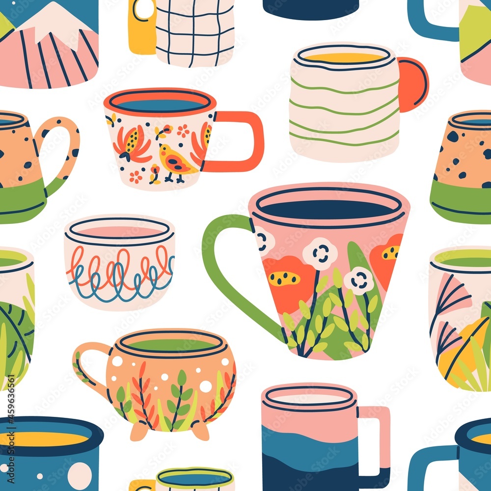 Poster cute cups pattern. seamless background with modern tea mugs. endless repeatable kitchen texture with