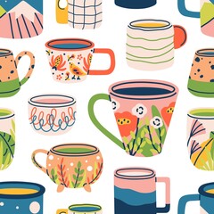 Cute cups pattern. Seamless background with modern tea mugs. Endless repeatable kitchen texture with teacups for printing. Wrapping and wallpaper design. Colored flat vector illustration for decor