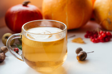 Cozy autumn composition with a cup of hot lemon tea, pumpkins, and acorns