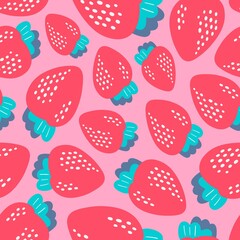 Sweet pink strawberries, vector seamless pattern.