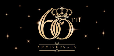 60th anniversary symbol with crown and sparkling glitter isolated black backgrounds. applicable for greeting cards, invitation, Wedding anniversary , banner and celebration company or business